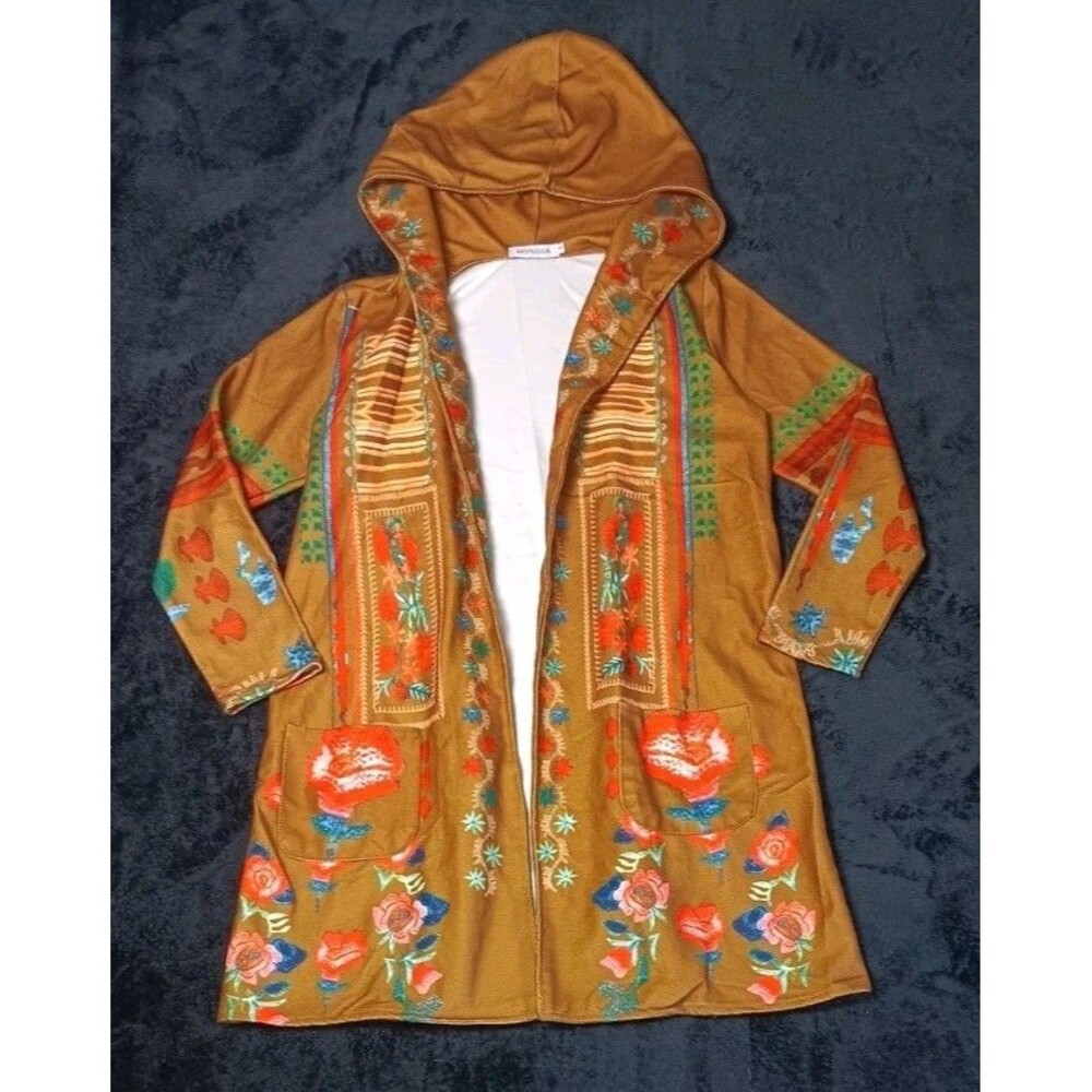 Misslook Hooded Open Front Longline Cardigan Duster Jacket S Boho Festival Folk
